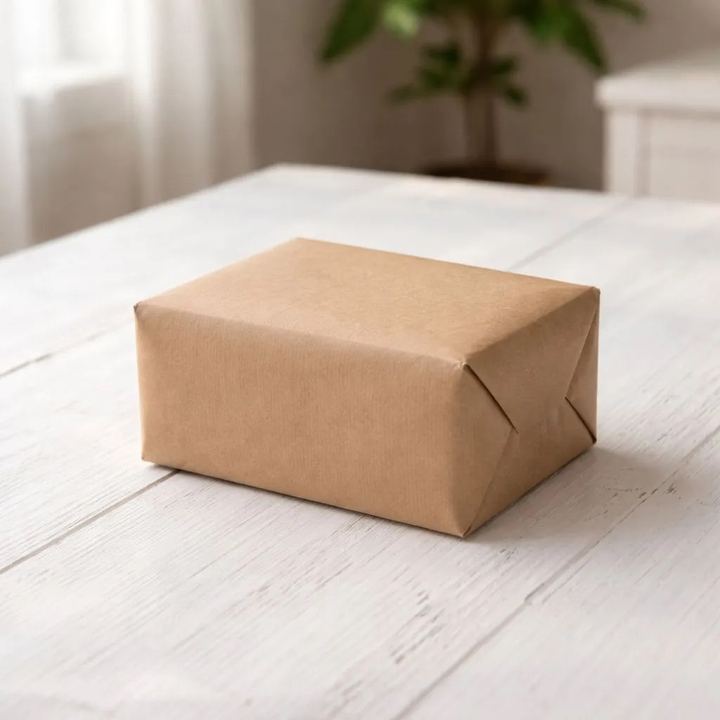 A plain kraft parcel ready for posting